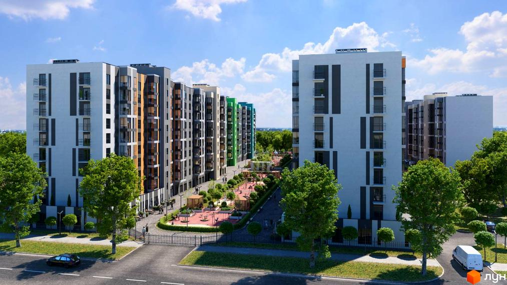 Житловий комплекс Рідний Дім з багатоповерховими будинками та доглянутою прибудинковою територією з дитячим майданчиком та зеленими насадженнями.