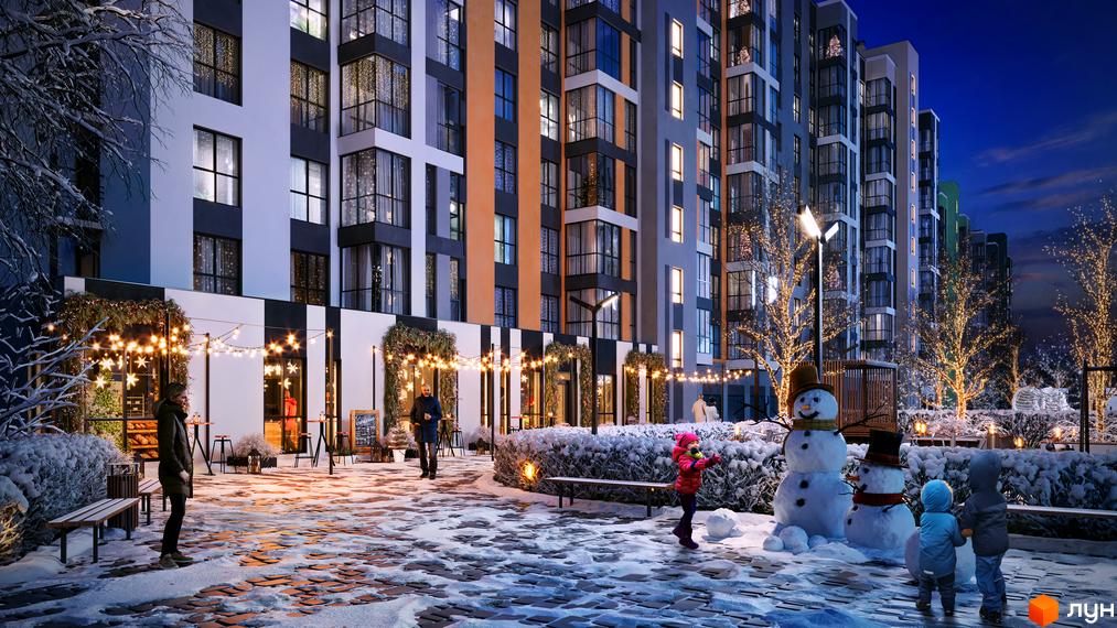 Житловий комплекс Рідний Дім з фасадами у сірих тонах, прикрашений гірляндами. На прибудинковій території сніговик, діти та дерева з вогниками.