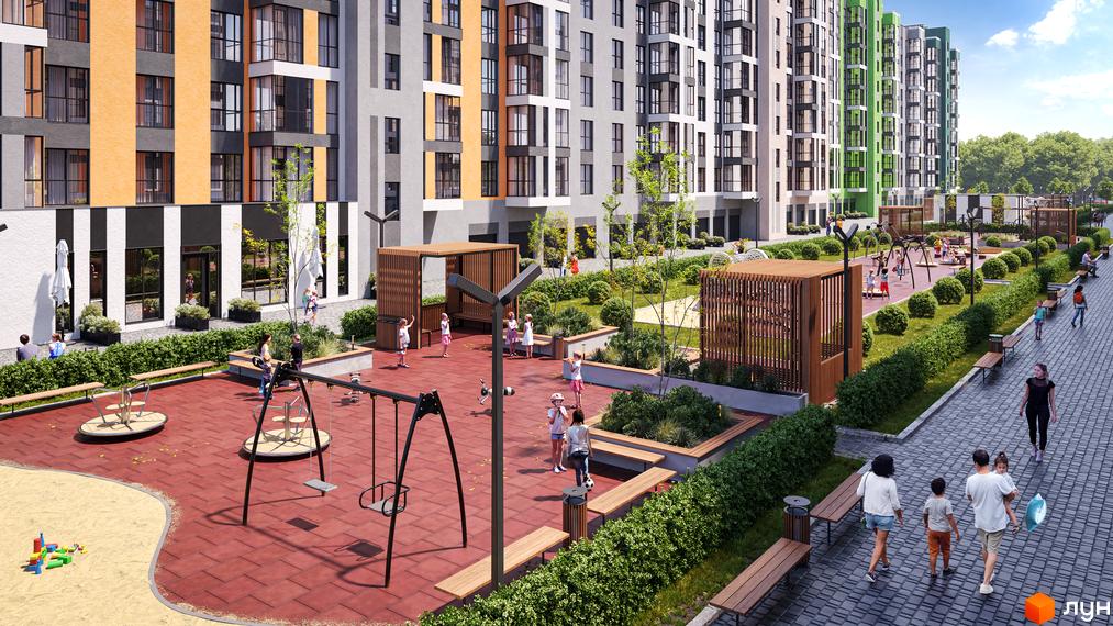 Житловий комплекс Рідний Дім з яскравими фасадами та дитячим майданчиком. Комфортна прибудинкова територія з лавками та зеленими насадженнями.