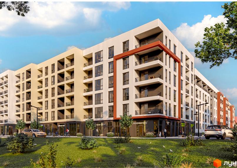 Зовнішній вигляд житлового комплексу CONTINENT STYLE з балконами та комерційними приміщеннями на першому поверсі. Прибудинкова територія з газоном, деревами та пішохідними доріжками.