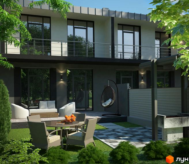 Зображення будинку в Osocor Apart. Простора тераса з меблями, зелена галявина та зона барбекю створюють комфортну атмосферу для відпочинку.