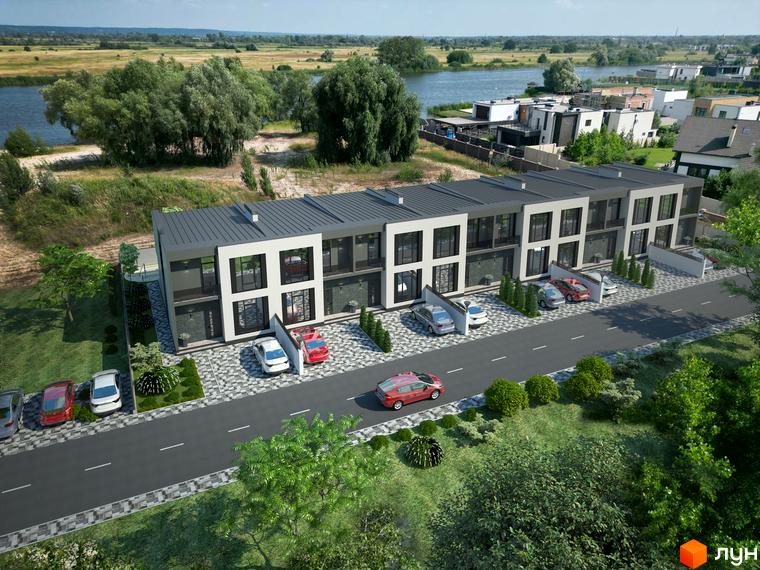 Зображення сторінки будівельного проєкту Osocor Apart. Ряд таунхаусів з панорамними вікнами та парковкою, розташовані біля водойми.