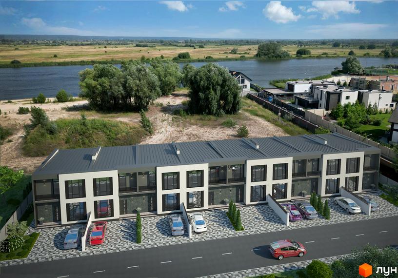 Зображення таунхаусів Osocor Apart. Будинки з темною покрівлею та світлими фасадами, перед будинками парковка для авто, поруч зелені насадження та водойма.