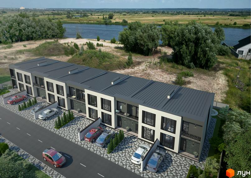 Вигляд таунхаусів Osocor Apart з парковкою та озелененням на території. Житловий комплекс розташований біля водойми.