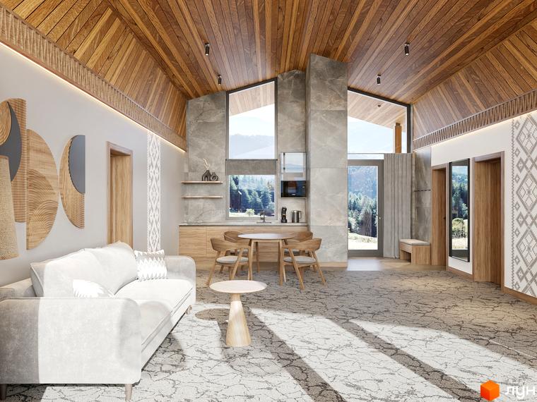 Інтер'єр апартаментів Apartel Kosyno Villas з дерев'яною стелею, панорамними вікнами та видом на гори. Простора вітальня з диваном та обідньою зоною.