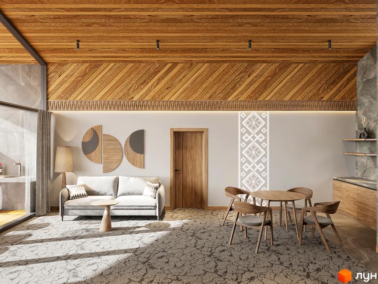 Інтер'єр апартаментів Kosyno Villas: дерев'яні стелі, диван, стіл, стільці. Простір з великими вікнами, що наповнюють кімнату світлом.