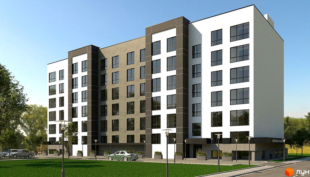 Житловий комплекс PANORAMA DE LUXE – це багатоповерхова новобудова з біло-сірим фасадом та великими вікнами. Територія навколо будинку озеленена, є місця для паркування автомобілів.