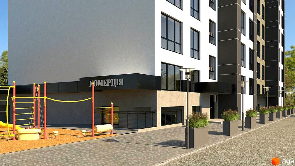 Новобудова ЖК PANORAMA DE LUXE з фасадом білого та сірого кольорів. Поруч розташований дитячий майданчик з гіркою та турніками.