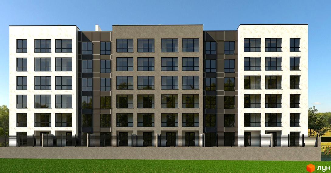 Зовнішній вигляд житлового комплексу PANORAMA DE LUXE з білими та сірими фасадами та великою кількістю вікон. Прибудинкова територія з зеленим газоном та огорожею.