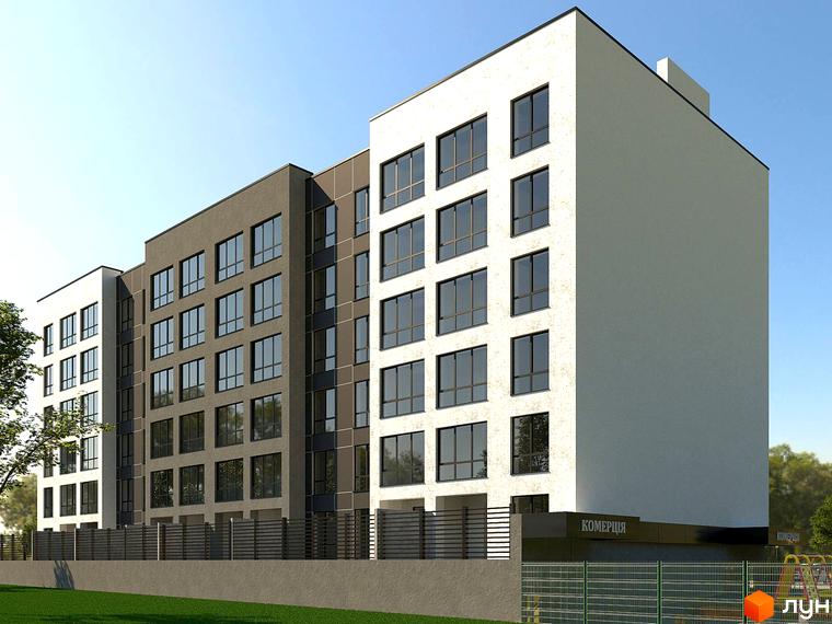 Сучасний житловий комплекс PANORAMA DE LUXE з білою та сірою фасадною обробкою та великими вікнами. Прибудинкова територія з огорожею та зеленими насадженнями.