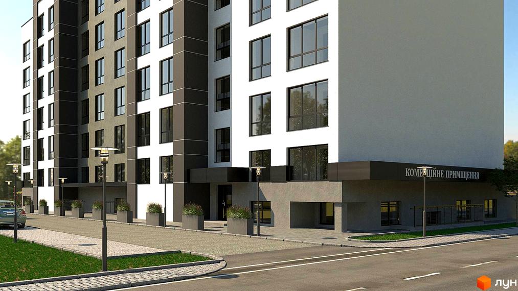 Новобудова ЖК PANORAMA DE LUXE з біло-сірими фасадами та великими вікнами. Прибудинкова територія з доріжками, ліхтарями та зеленими зонами.