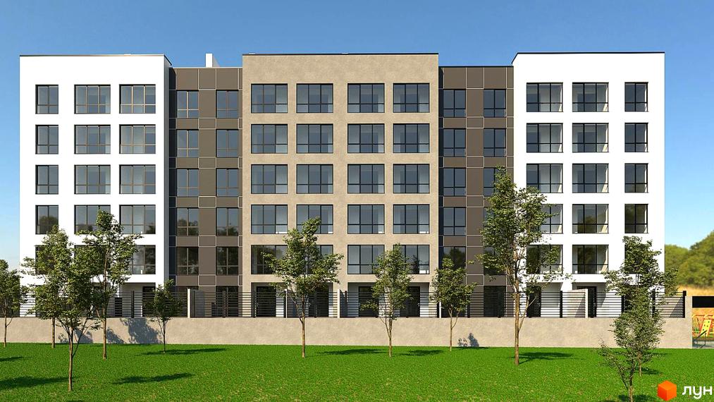 Фасад житлового комплексу PANORAMA DE LUXE з білими та сірими секціями, великими вікнами та доглянутою прибудинковою територією із зеленим газоном та деревами.