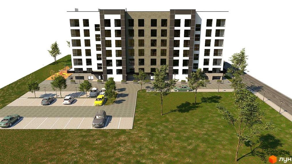 Новобудова ЖК PANORAMA DE LUXE з біло-сірим фасадом та великою кількістю вікон. Прибудинкова територія з парковкою, зеленими насадженнями та дитячим майданчиком.