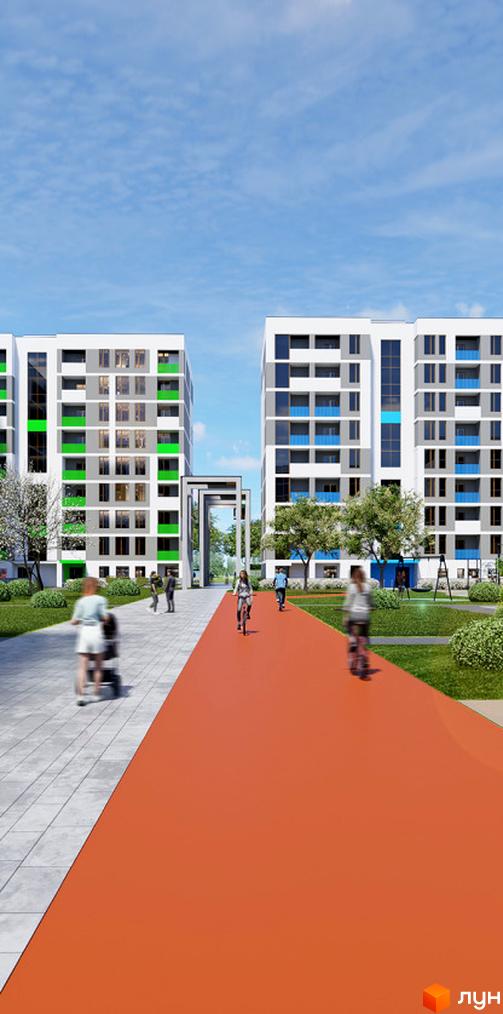 Житловий комплекс Литовський квартал з білими багатоповерхівками, зеленими балконами та доглянутою прибудинковою територією з пішохідними доріжками та велосипедною доріжкою.