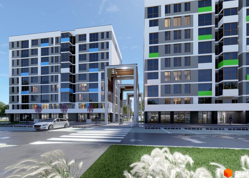 Зовнішній вигляд новобудови ЖК Литовський квартал з сірими та білими фасадами, блакитними та зеленими акцентами, та прибудинковою територією з пішохідним переходом та автомобілем.