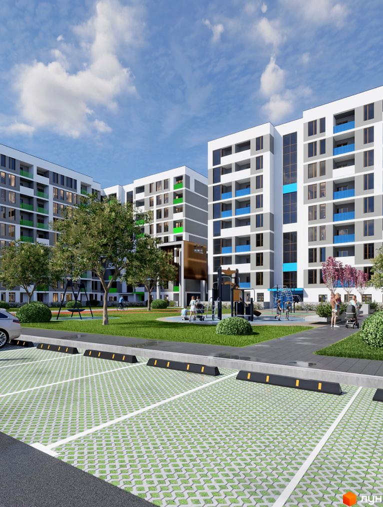 Житловий комплекс Литовський квартал з білими будівлями, сірими вставками та блакитними балконами. На території є парковка, дитячий майданчик та зелені насадження.