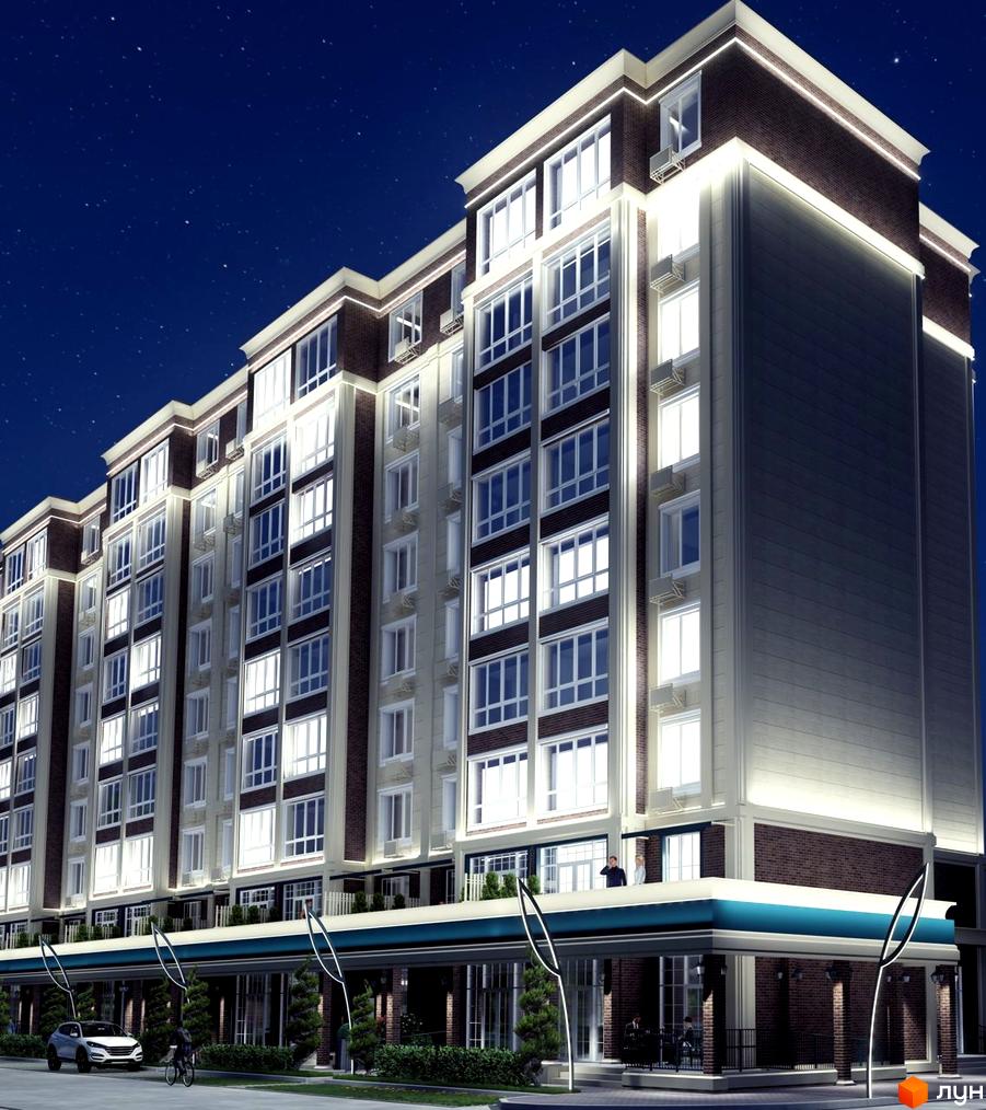 Житловий комплекс Millennium Park – це багатоповерхова новобудова з цегляним фасадом та підсвічуванням, що розташована біля доглянутої прибудинкової території з деревами та місцем для паркування.