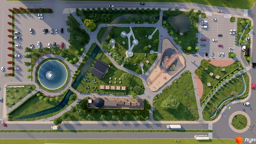Житловий комплекс Millennium Park з парковкою, круглою водоймою з фонтаном та дитячим майданчиком. Оглядовий вид на територію комплексу.