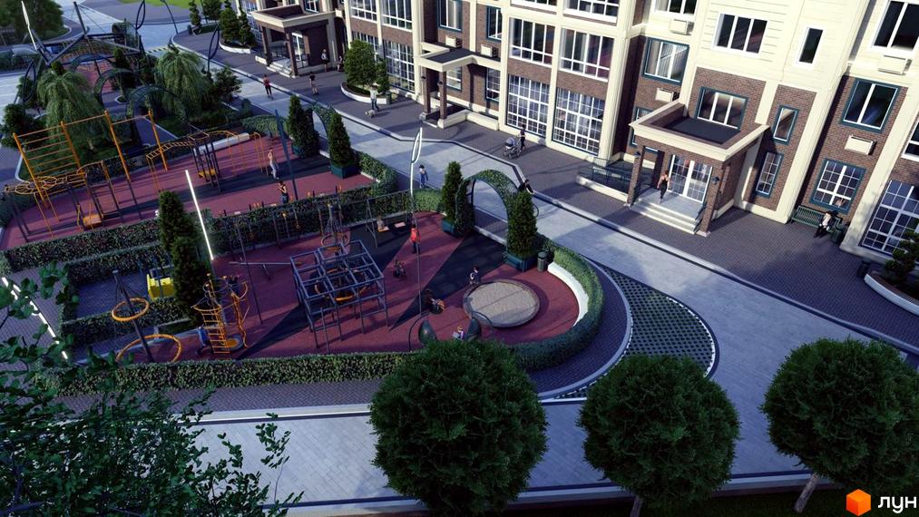 Житловий комплекс Millennium Park з дитячим майданчиком та зоною відпочинку. Сучасна архітектура та облаштована прибудинкова територія.