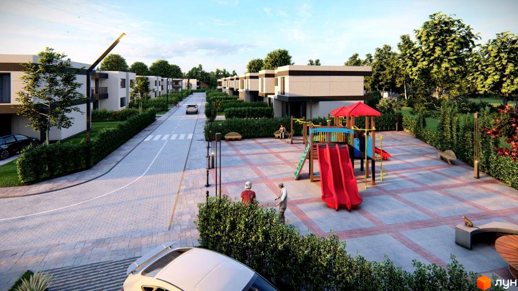 Котеджне містечко КМ Мері Ленд: двоповерхові будинки з сірими та білими фасадами, дитячий майданчик та зелені насадження.