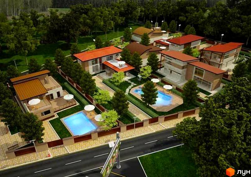 Котеджне містечко Олешки. На зображенні представлені будинки з терасами, басейнами та доглянутою прибудинковою територією. Архітектура будинків виконана в сучасному стилі з використанням світлих фасадів та похилих дахів.