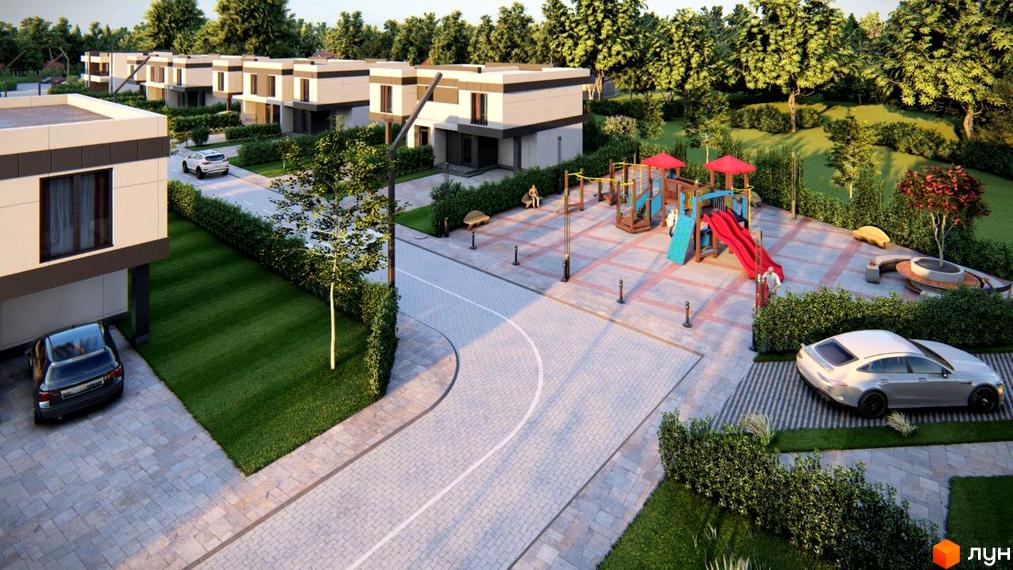 Котеджне містечко КМ Merry Land з сучасними будинками та дитячим майданчиком. Територія комплексу озеленена, є зони відпочинку та паркування.