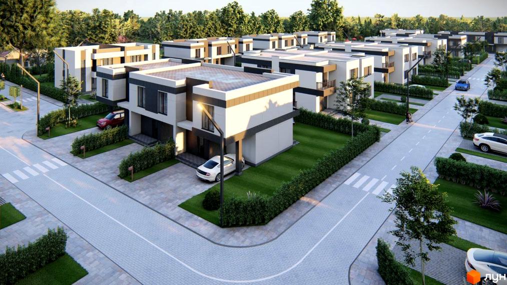 Котеджне містечко Мері Ленд з біло-сірими фасадами та доглянутою прибудинковою територією. На території комплексу розташовані будинки з гаражами, зелені газони та доріжки.