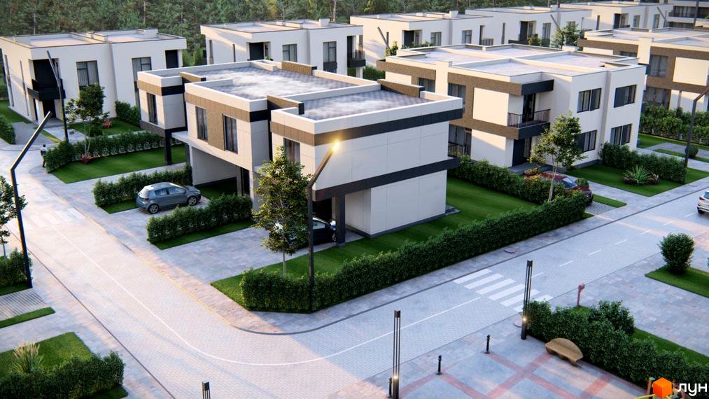 Зовнішній вигляд будинків котеджного містечка КМ Мері Ленд з доглянутими зеленими ділянками та доріжками.