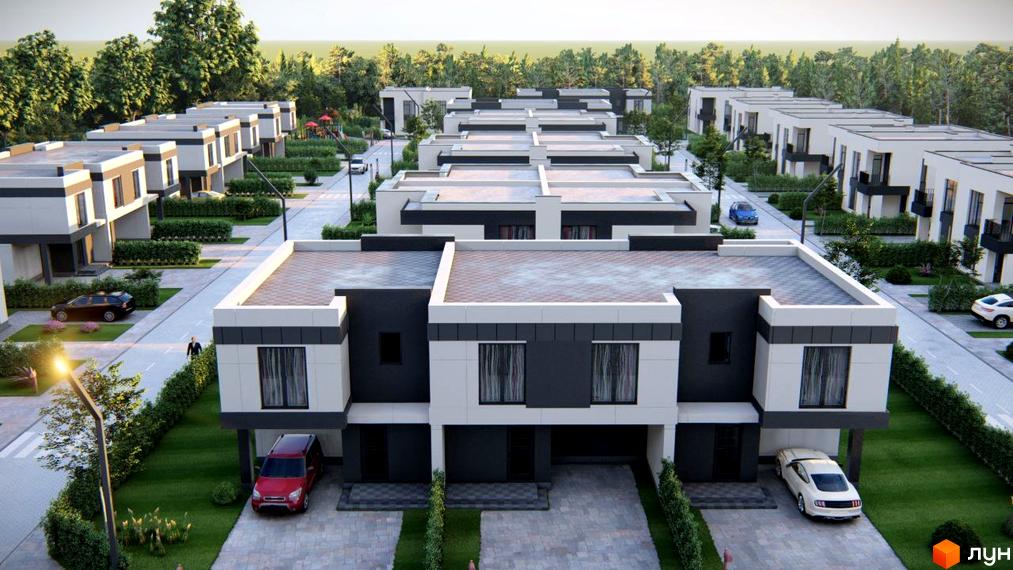 Котеджне містечко Мері Ленд: двоповерхові будинки з пласкими дахами та великими вікнами, доглянута прибудинкова територія з газонами та деревами.