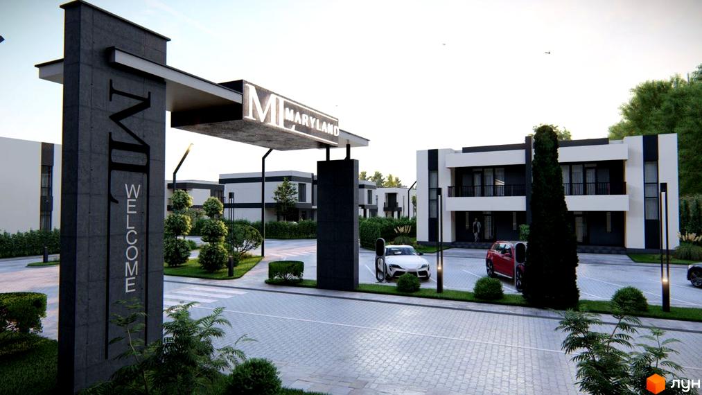 Котеджне містечко Maryland: сучасний вхід з написом WELCOME та двома автомобілями біля будинків.