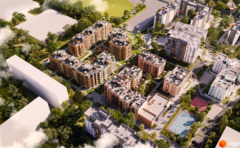 Житловий комплекс WAWEL: фасади будинків з цегляним оздобленням та балконами, зелена прибудинкова територія зі спортивними майданчиками.