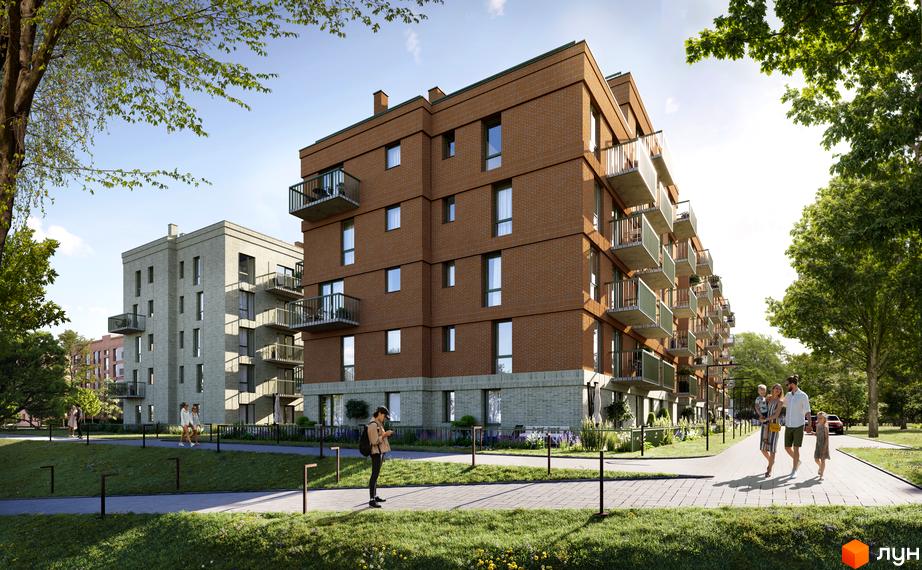 Зовнішній вигляд житлового комплексу WAWEL з цегляним фасадом та балконами, а також доглянута прибудинкова територія з пішохідними доріжками та зеленими насадженнями.