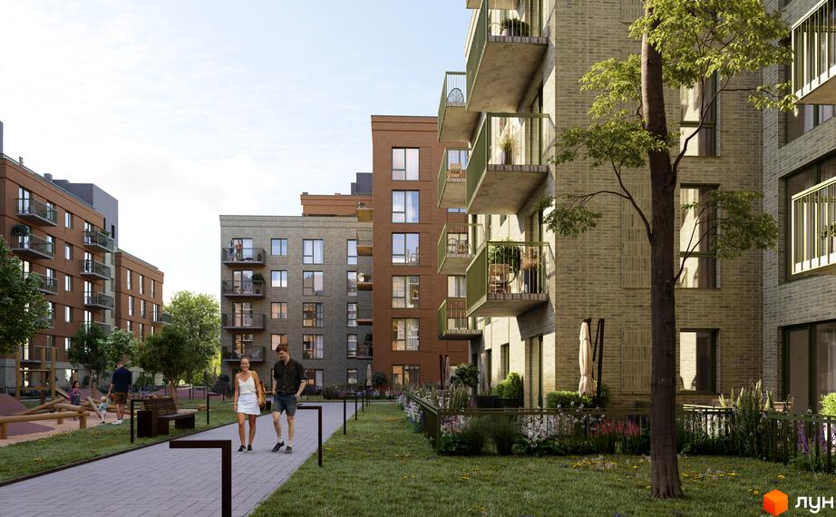 Житловий комплекс WAWEL з цегляним фасадом та балконами, зеленою прибудинковою територією та дитячим майданчиком.