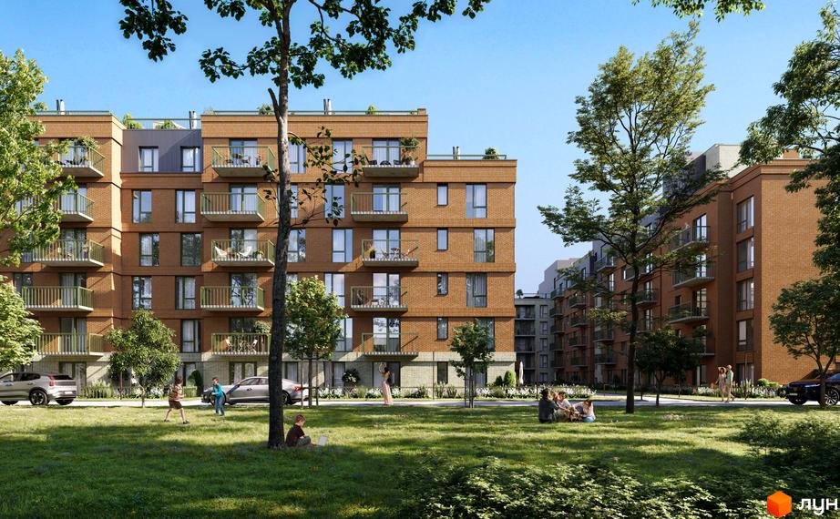 Житловий комплекс WAWEL з цегляним фасадом та балконами. На прибудинковій території зелений газон та дерева, люди відпочивають на траві.