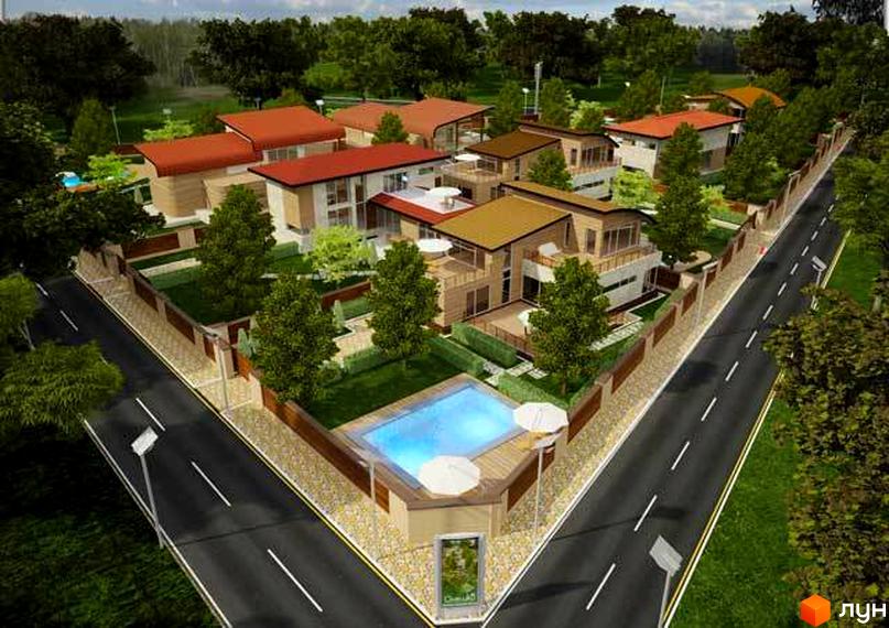 Котеджне містечко Олешки. Малоповерхові будинки з терасами та басейнами. Огороджена територія з ландшафтним дизайном та під'їзною дорогою.