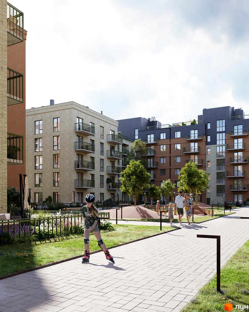 Житловий комплекс WAWEL з цегляними фасадами та балконами, дитячим майданчиком та зеленим подвір'ям. Ідеальне місце для сімейного відпочинку та активного життя.