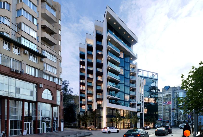 Багатоповерховий житловий комплекс London House з білим фасадом, скляними балконами та великими вікнами. Навколо будівлі видно дерева та дорогу з автомобілями.