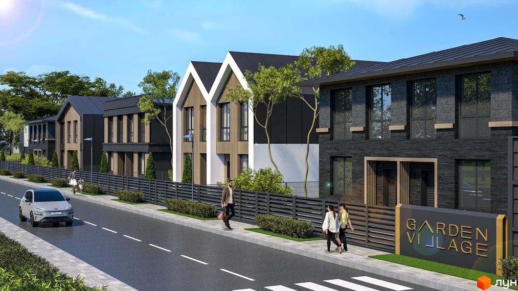 Котеджне містечко Garden Village Ozerne: фасади будинків з темною цегляною кладкою та дерев'яними елементами, огороджена територія з кущами та дорогою.