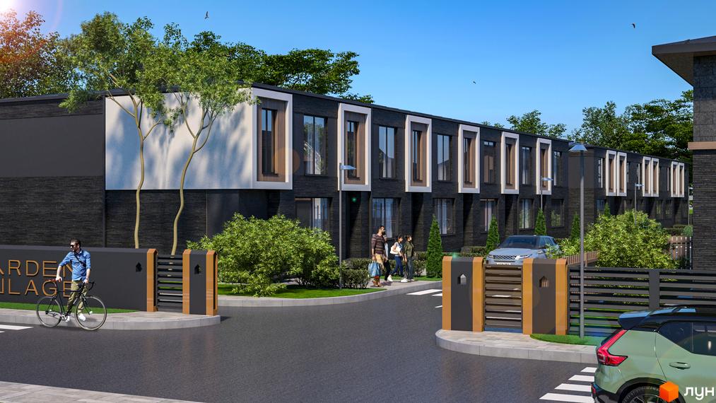 Котеджне містечко КМ Garden Village Ozerne: фасади будинків з темної цегли та білих вставок, зелена прибудинкова територія з деревами та доріжками.