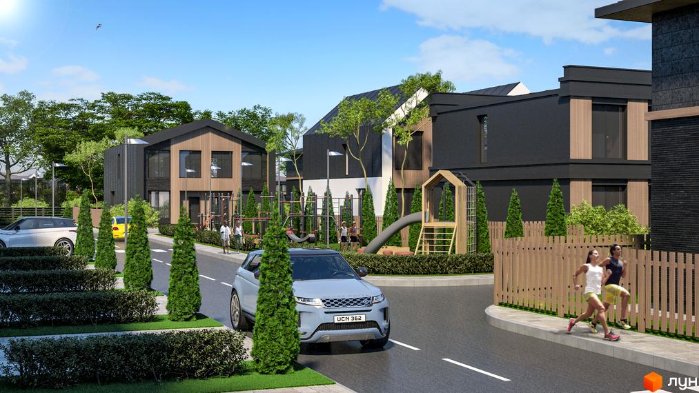 Котеджне містечко Garden Village Ozerne: двоповерхові будинки з темними фасадами та дерев'яними елементами, дитячий майданчик та зелені насадження.