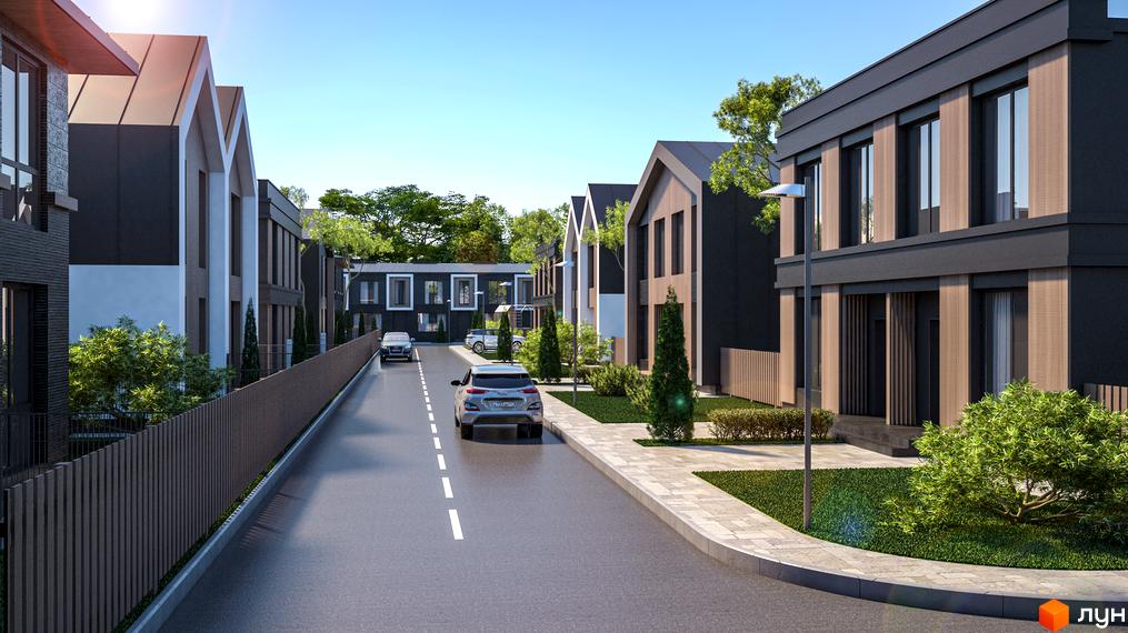 Котеджне містечко КМ Garden Village Ozerne. Сучасні будинки з темним фасадом та дерев'яними елементами, розташовані вздовж вулиці з доглянутою прибудинковою територією та зеленими насадженнями.