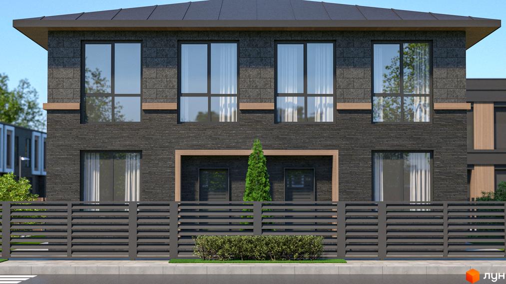 Котеджне містечко Garden Village Ozerne, фасад будинку з темної плитки та великими вікнами, огороджена територія з кущами та деревами.