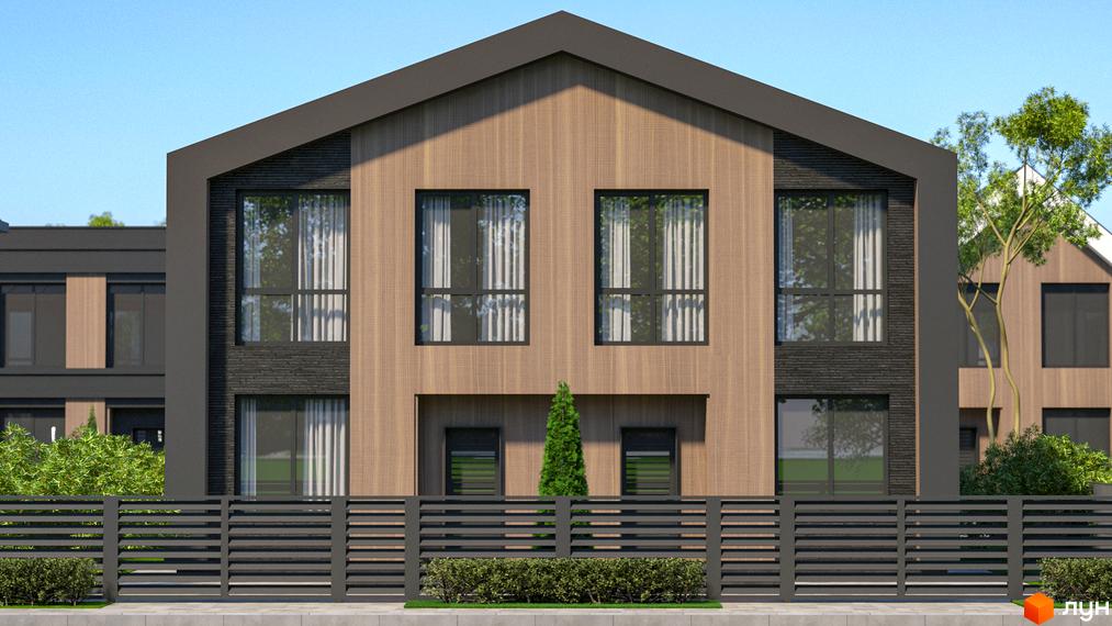 Котеджне містечко КМ Garden Village Ozerne. Фасад будинку з дерев'яною обшивкою та темною цеглою, вікна, паркан та зелень.
