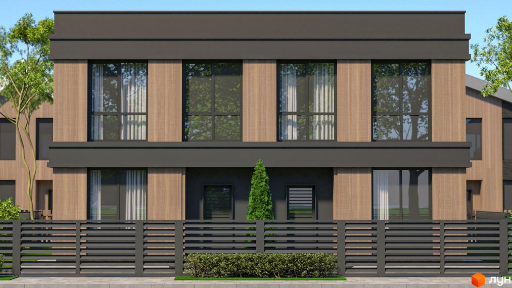 Котеджне містечко КМ Garden Village Ozerne: фасади будинків з дерев'яними елементами та великими вікнами, огороджені парканом та зеленню.
