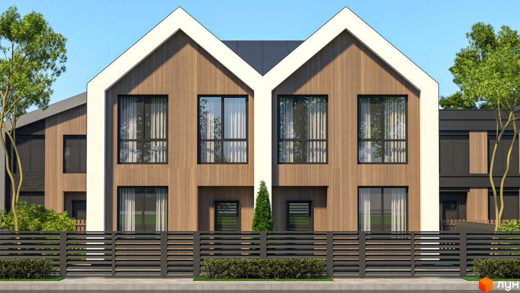 Котеджне містечко КМ Garden Village Ozerne. Сучасні таунхауси з дерев'яним фасадом та великими вікнами, огороджені парканом з кущами.