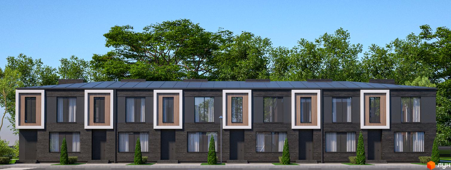 Котеджне містечко Garden Village Ozerne: фасади будинків з цегляною обробкою та великими вікнами, зелені насадження та блакитне небо.