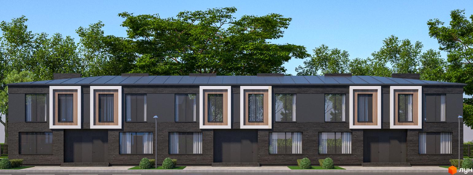 Котеджне містечко Garden Village Ozerne: фасади будинків з темної цегли, великі вікна, сірий дах. Навколо зелені дерева та кущі.