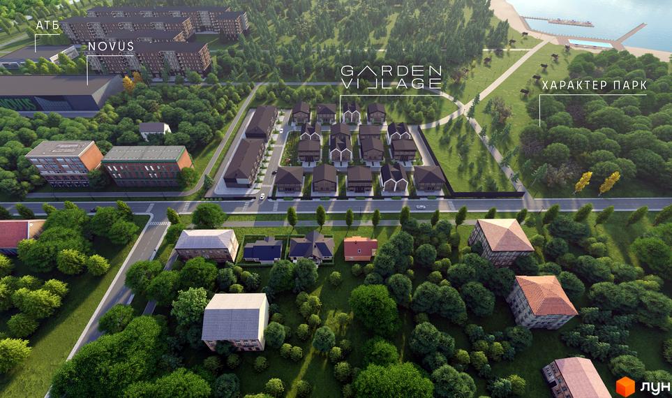 Котеджне містечко Garden Village Ozerne з сучасними будинками та доглянутою прибудинковою територією, що межує з парком та озером.