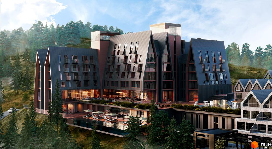AHNI moon resort - будівля з темним фасадом та панорамними вікнами, розташована серед лісу. На території є басейн та зони відпочинку.