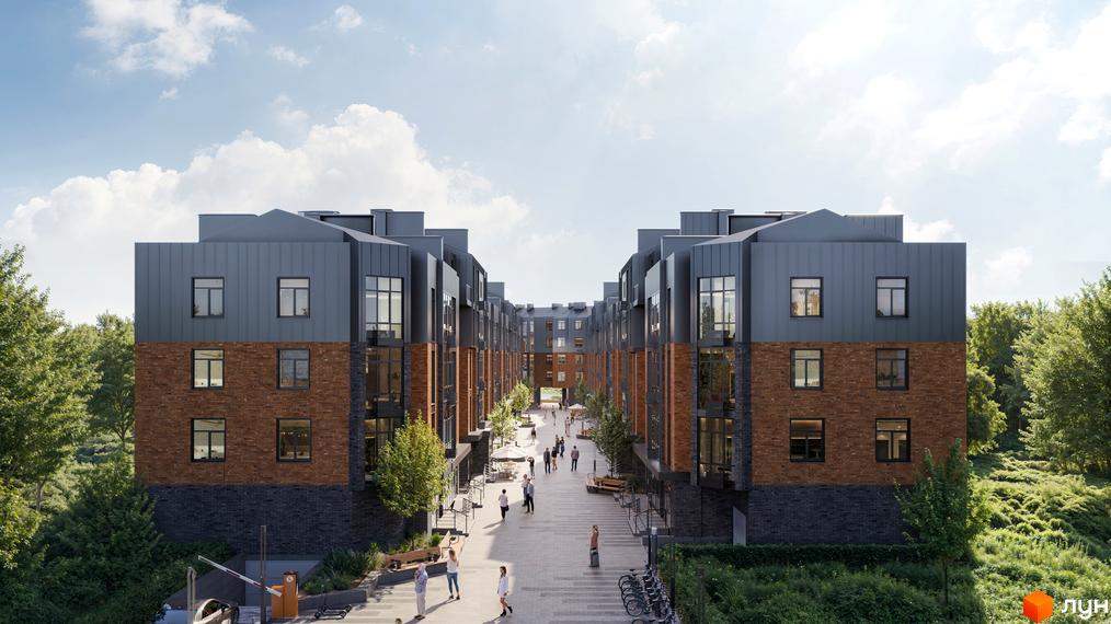 Зовнішній вигляд житлового комплексу Plaza Kvartal 3 з цегляним та металевим фасадом, що виходить на пішохідну алею з деревами та людьми.